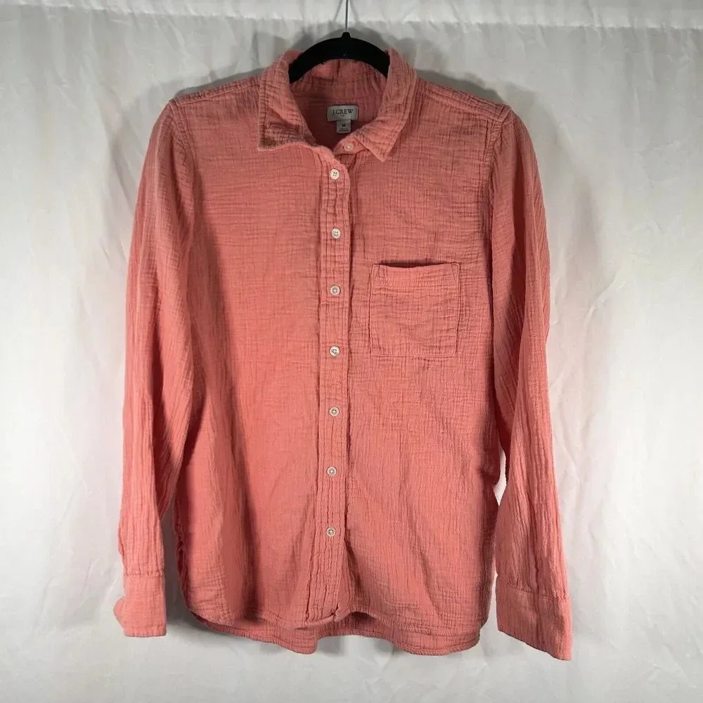 J Crew Blouse Women's Medium Pink Button Up Long Sleeve 100% Cotton Top